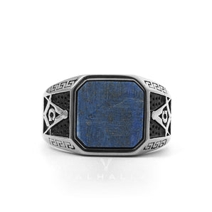Vintage Frosted Lapis Lazuli Masonic Stainless Steel Ring