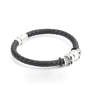 Double Skull Braided Magnetic Buckle Leather Bracelet