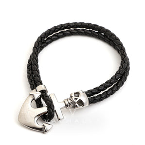 Anchor Skull Double Braided Leather Bracelet Stainless Steel