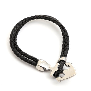 Anchor Skull Double Braided Leather Bracelet Stainless Steel