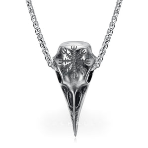 Dual Color Handcrafted Stainless Steel Raven Skull and Helm of Awe Pendant & Chain