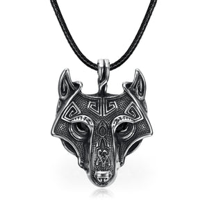 Norse Wolf Head Necklace - Leather Chain