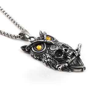Owl Stainless Steel Gemstone Skull Pendant & Chain