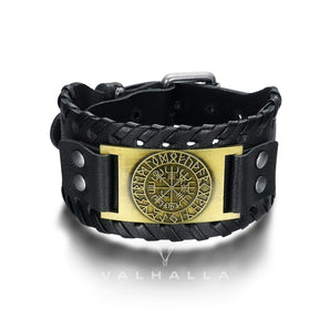 Leather Buckle Arm Cuff With Metal Vegvisir Design