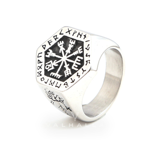 Handcrafted Stainless Steel Hexagonal Vegvisir & Valknut Rune Ring