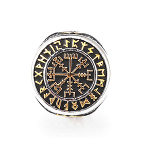 Futhark Runes Compass Viking Ring Stainless Steel