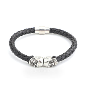 Double Skull Braided Stainless Steel Magnetic Buckle Leather Bracelet