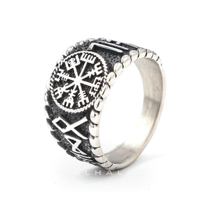 Handcrafted Stainless Steel Vegvisir and Runes Ring