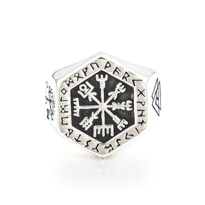 Handcrafted Stainless Steel Hexagonal Vegvisir & Valknut Rune Ring