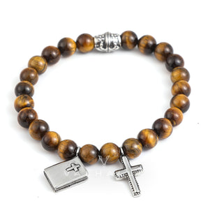 Cross Religious Agate Stone Bead Bracelet