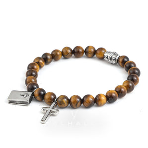 Cross Religious Agate Stone Bead Bracelet Stainless Steel