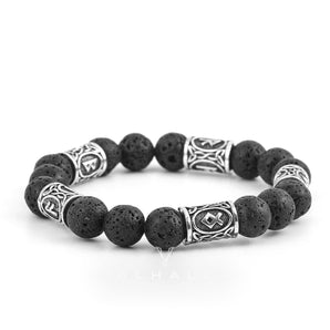 Silver Rune and Black Lava Stone Bracelet