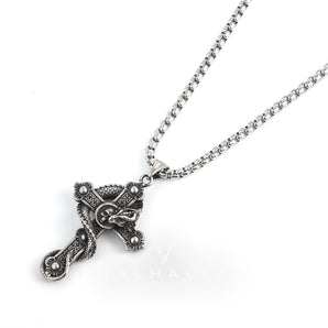 Budded Cross Dragon Stainless Steel Skull Pendant & Chain