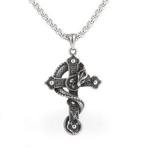 Budded Cross Dragon Stainless Steel Skull Pendant & Chain